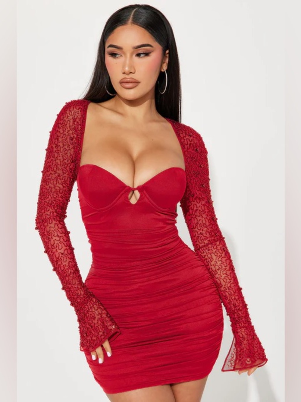 Fashion Nova Red Ruched Beaded Mini Dress